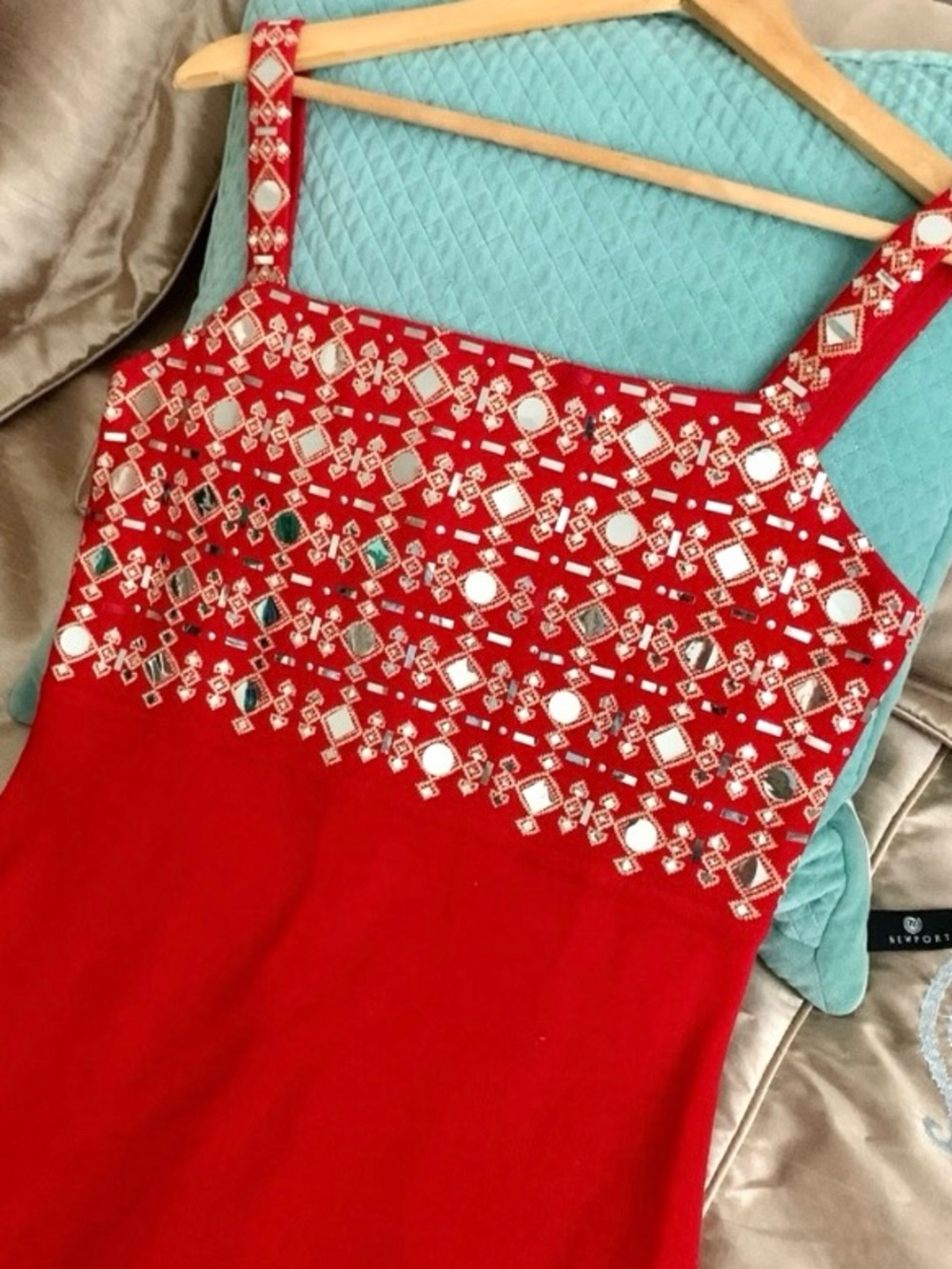 St.John Red Knit Maxi Dress with Gold Mirror Accents - Picture 7 of 8